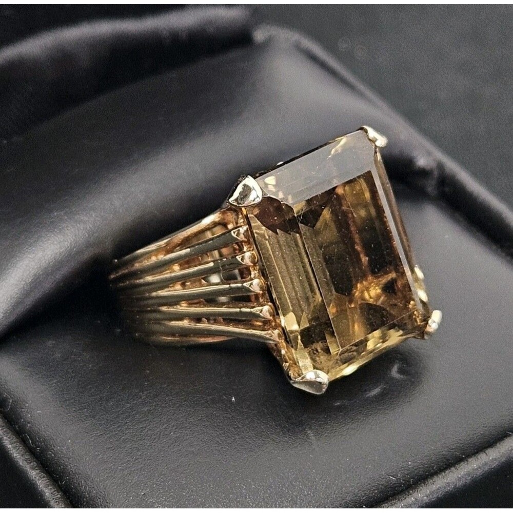 Vtg 14k Gold SKAL Mid Century Modern Emerald Cut Smokey Quartz Cocktail Ring 6.5